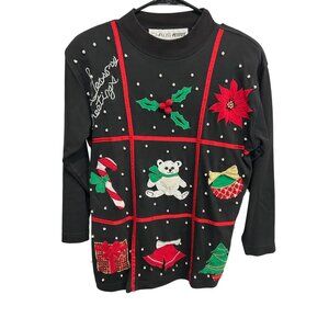 Vintage Chaus Sport Ugly Christmas Sweater Black Red Petites Festive Holiday
